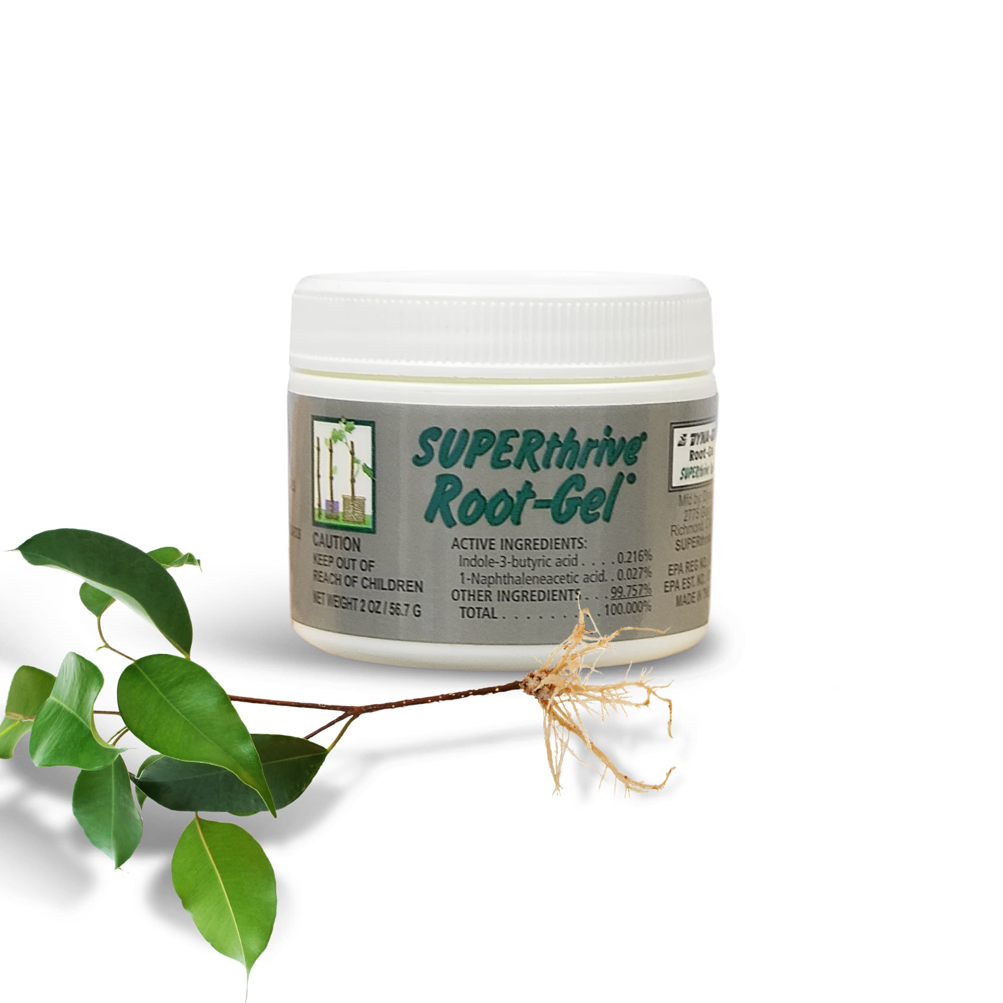 A bottle of SUPERthrive Root-Gel, a plant hormone gel, with a white label on the front. The bottle is accompanied by a small branch with green leaves tied to it with a string.